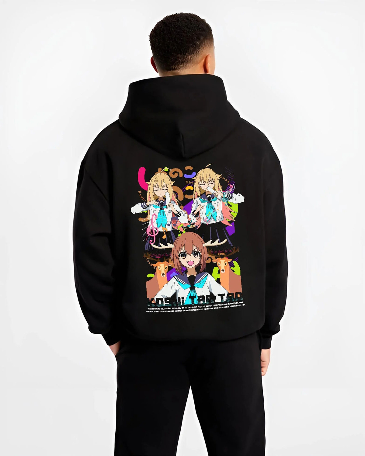 Black hoodie worn by male model from the back featuring Nokotan and the Deer Club group artwork.