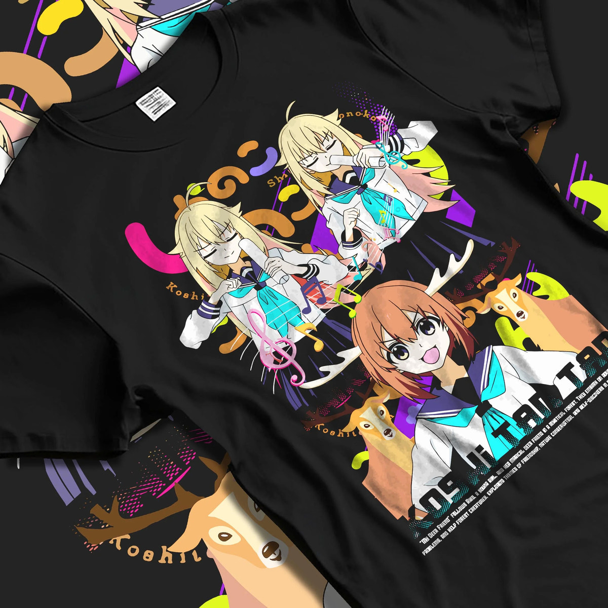 Black T-shirt laid flat with natural folds featuring Nokotan and the Deer Club group artwork.