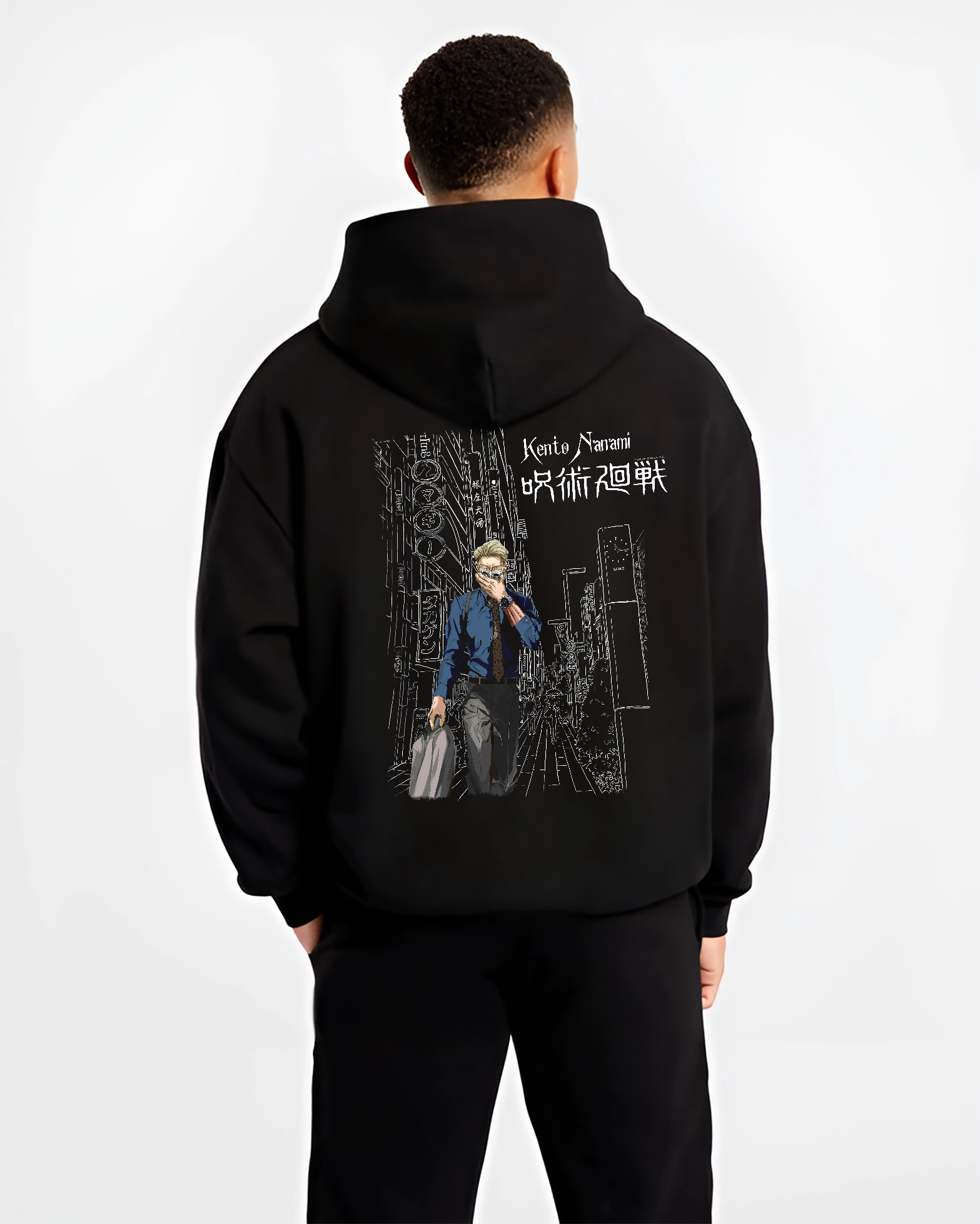 Black hoodie worn by a male model, back view, featuring Jujutsu Kaisen Nanami Kento retro streetwear graphic with neon cityscape manga artwork design.