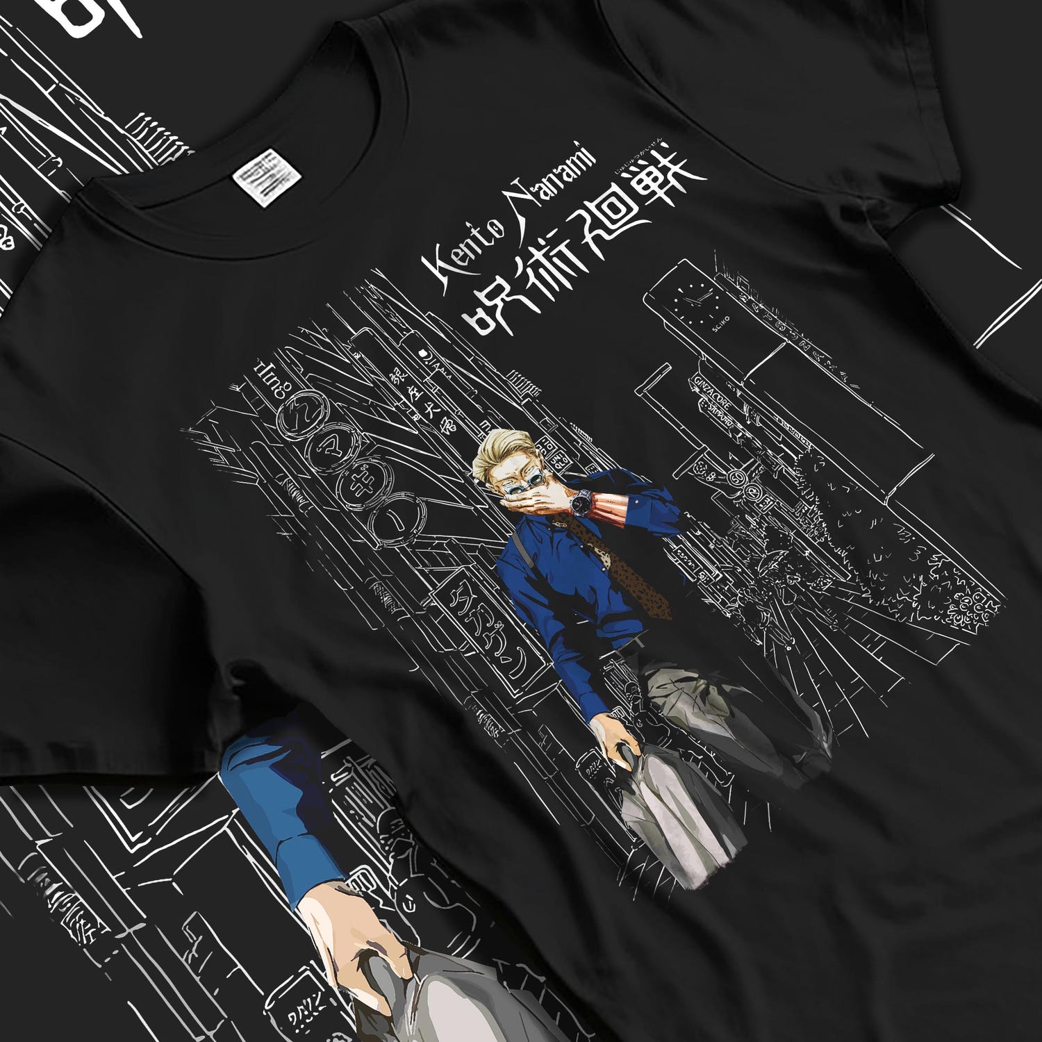 Black T-shirt laid flat with natural fabric folds, featuring Jujutsu Kaisen Nanami Kento anime poster inspired design with detailed manga-style urban city illustration.
