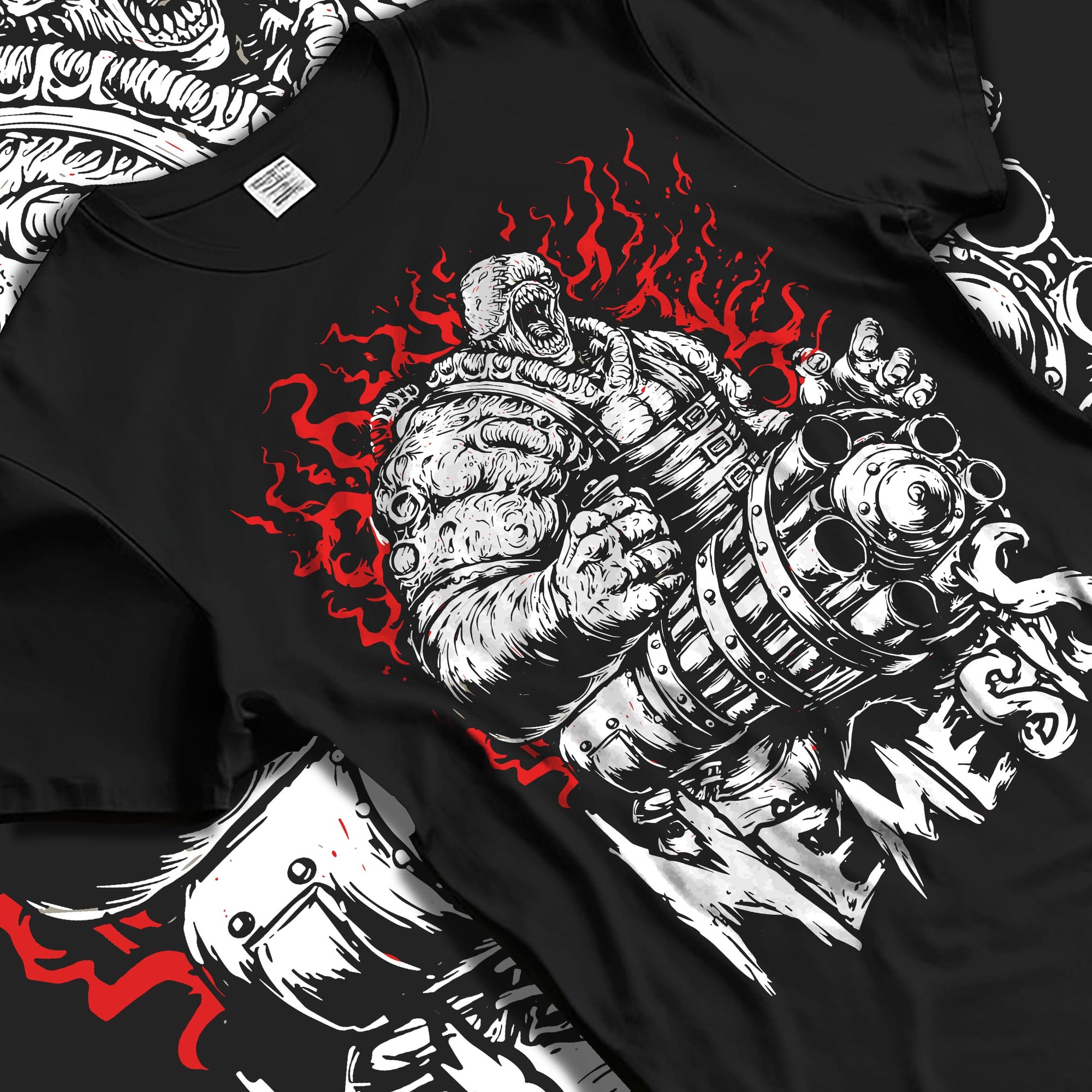 Black T-shirt laid flat with natural fabric folds, featuring Nemesis Resident Evil retro horror inspired graphic with apocalyptic villain style artwork.