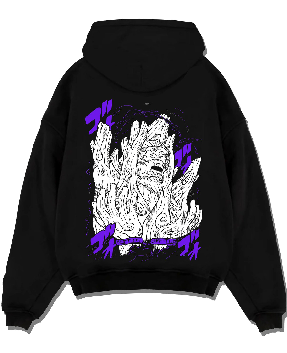 Black hoodie laid flat featuring Obito Uchiha White Zetsu mask form Naruto artwork.