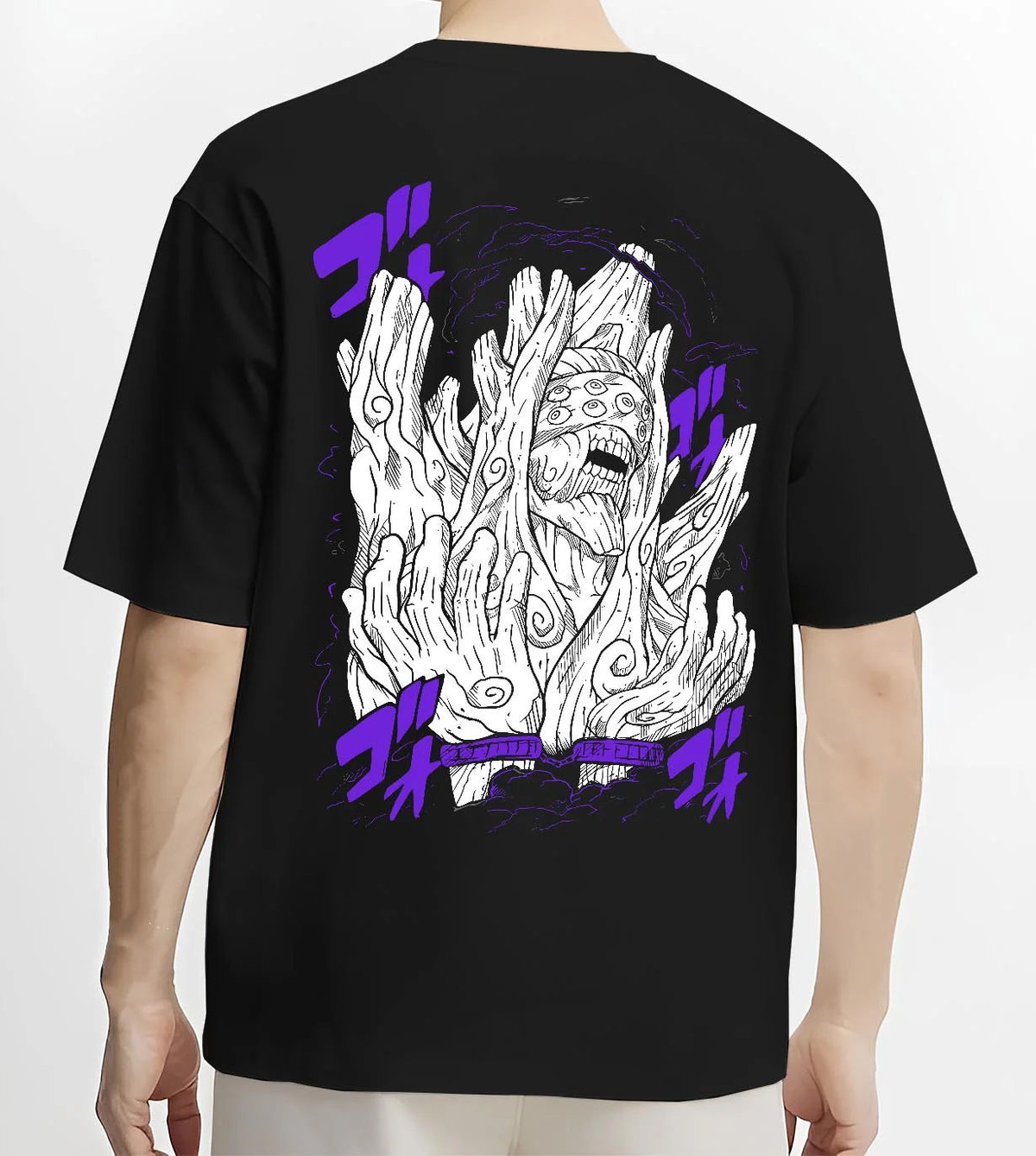 Black T-shirt worn by male model from the back featuring Obito Uchiha White Zetsu mask form Naruto artwork.