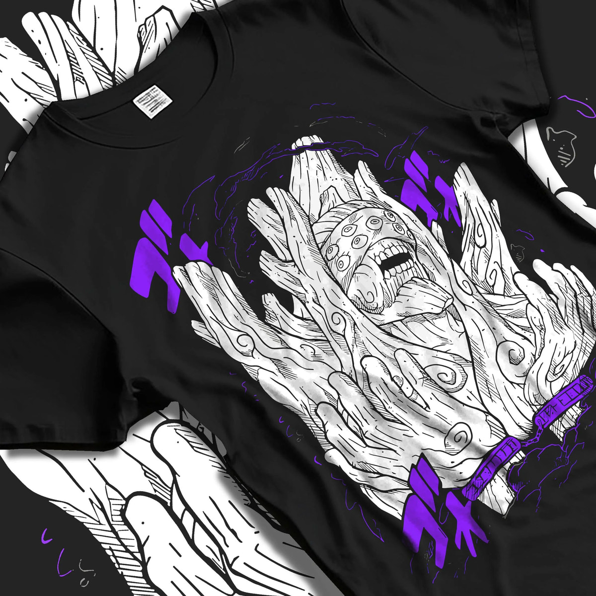 Black T-shirt laid flat with natural folds featuring Obito Uchiha White Zetsu mask form Naruto artwork.