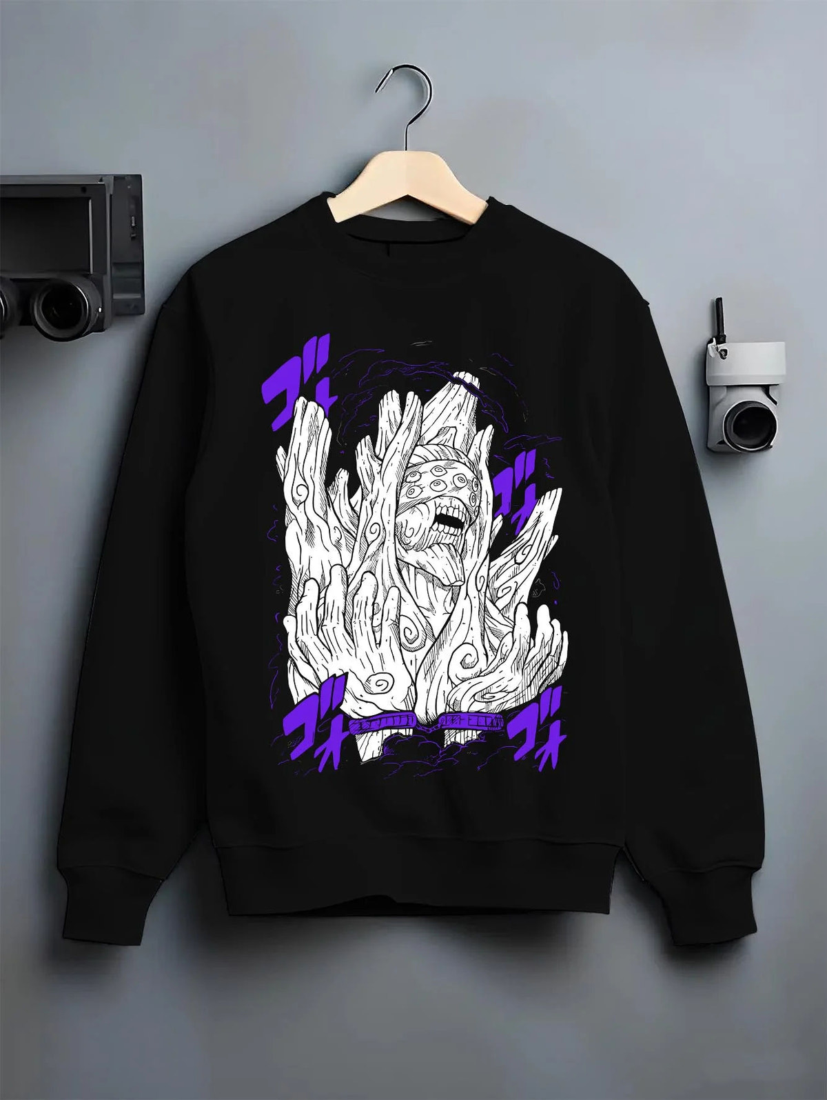 Black crewneck sweatshirt on hanger featuring Obito Uchiha White Zetsu mask form Naruto artwork.