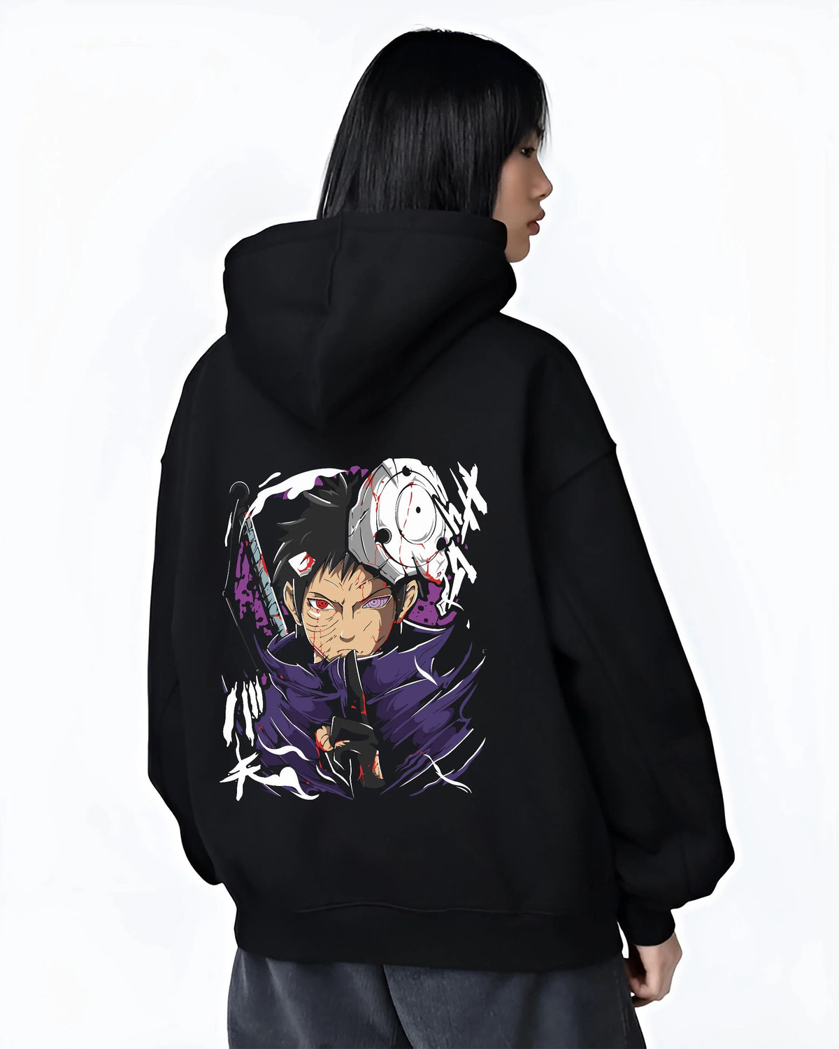 Black hoodie worn by female model from the back featuring Obito Uchiha Sharingan Rinnegan mask Naruto artwork.