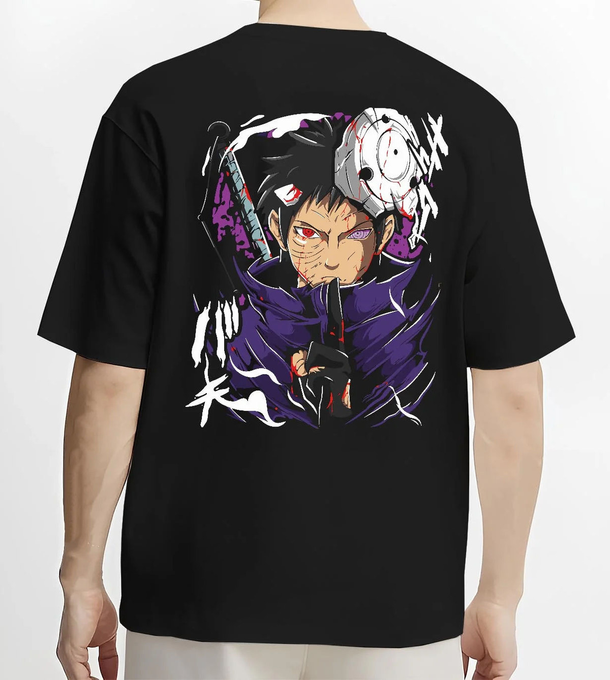 Black T-shirt worn by male model from the back featuring Obito Uchiha Sharingan Rinnegan mask Naruto artwork.