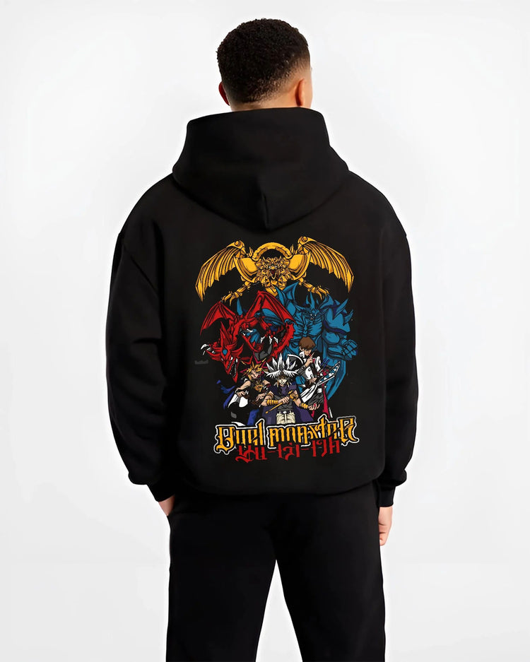 Black hoodie worn by male model from the back featuring Obelisk the Tormentor Egyptian God Yu-Gi-Oh! artwork.