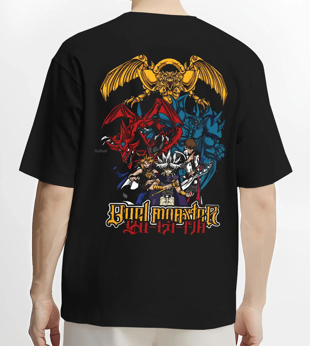 Black T-shirt worn by male model from the back featuring Obelisk the Tormentor Egyptian God Yu-Gi-Oh! artwork.