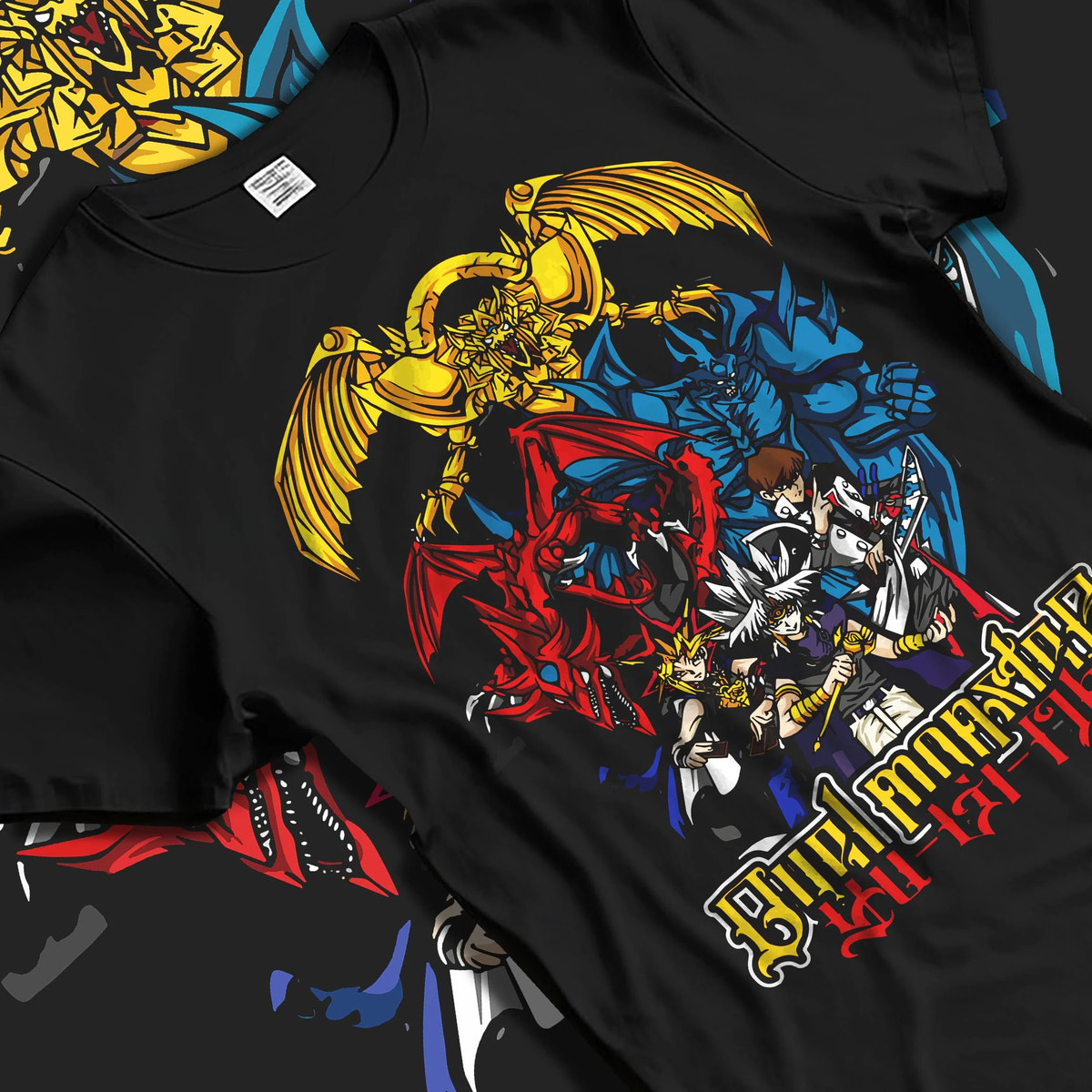 Black T-shirt laid flat with natural folds featuring Obelisk the Tormentor Egyptian God Yu-Gi-Oh! artwork.