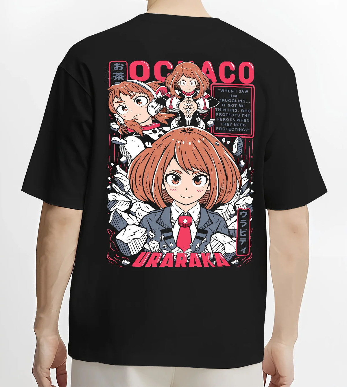 Black T-shirt model back view showing Ochaco Uraraka from My Hero Academia: My Hero Academia heroine