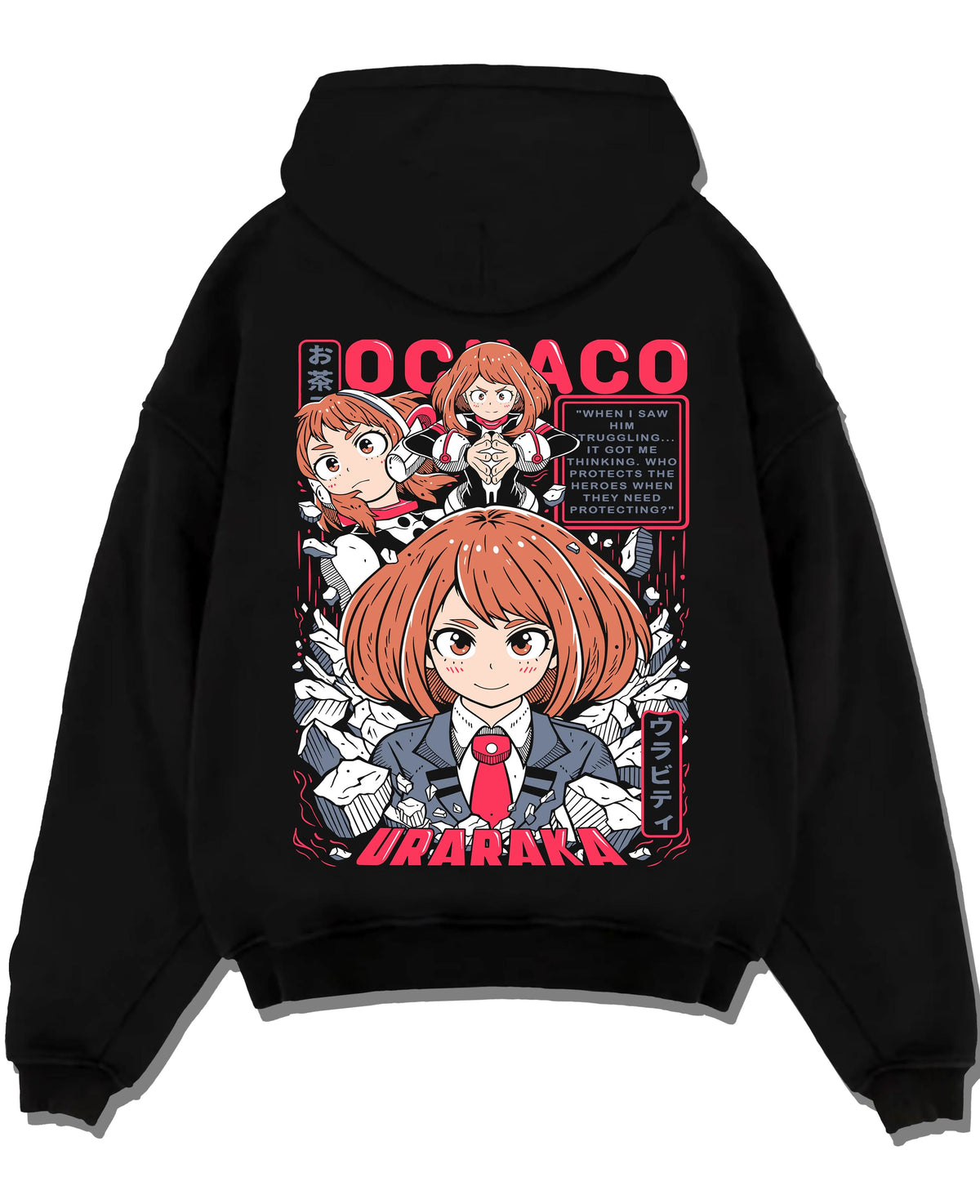 Black hoodie laid flat featuring Ochaco Uraraka Zero Gravity power My Hero Academia artwork.