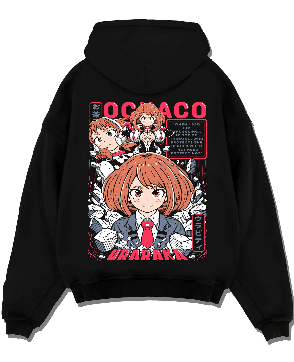 Black hoodie laid flat featuring Ochaco Uraraka Zero Gravity power My Hero Academia artwork.