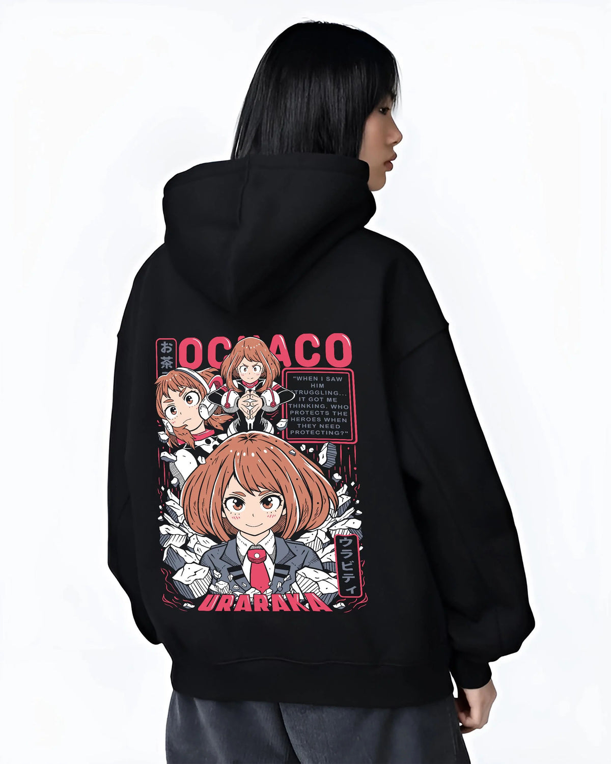 Black hoodie worn by female model from the back featuring Ochaco Uraraka Zero Gravity power My Hero Academia artwork.