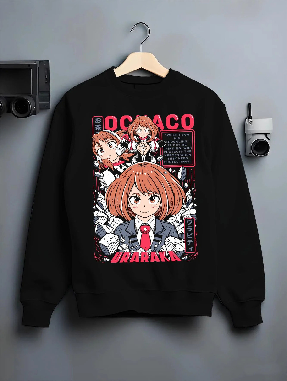 Black crewneck sweatshirt on hanger featuring Ochaco Uraraka Zero Gravity power My Hero Academia artwork.