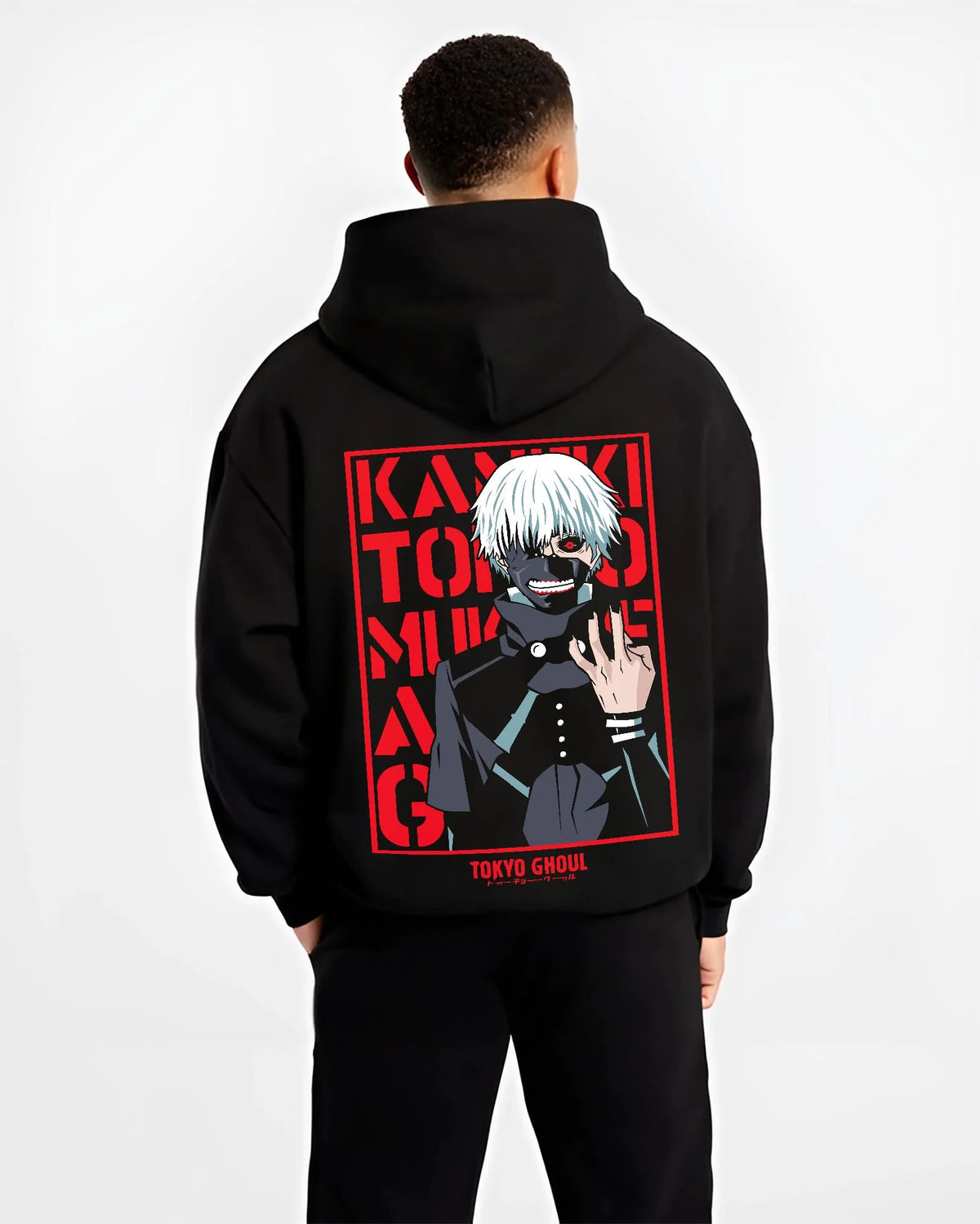 Black hoodie worn by male model from the back featuring Ken Kaneki One-Eyed King Tokyo Ghoul artwork.