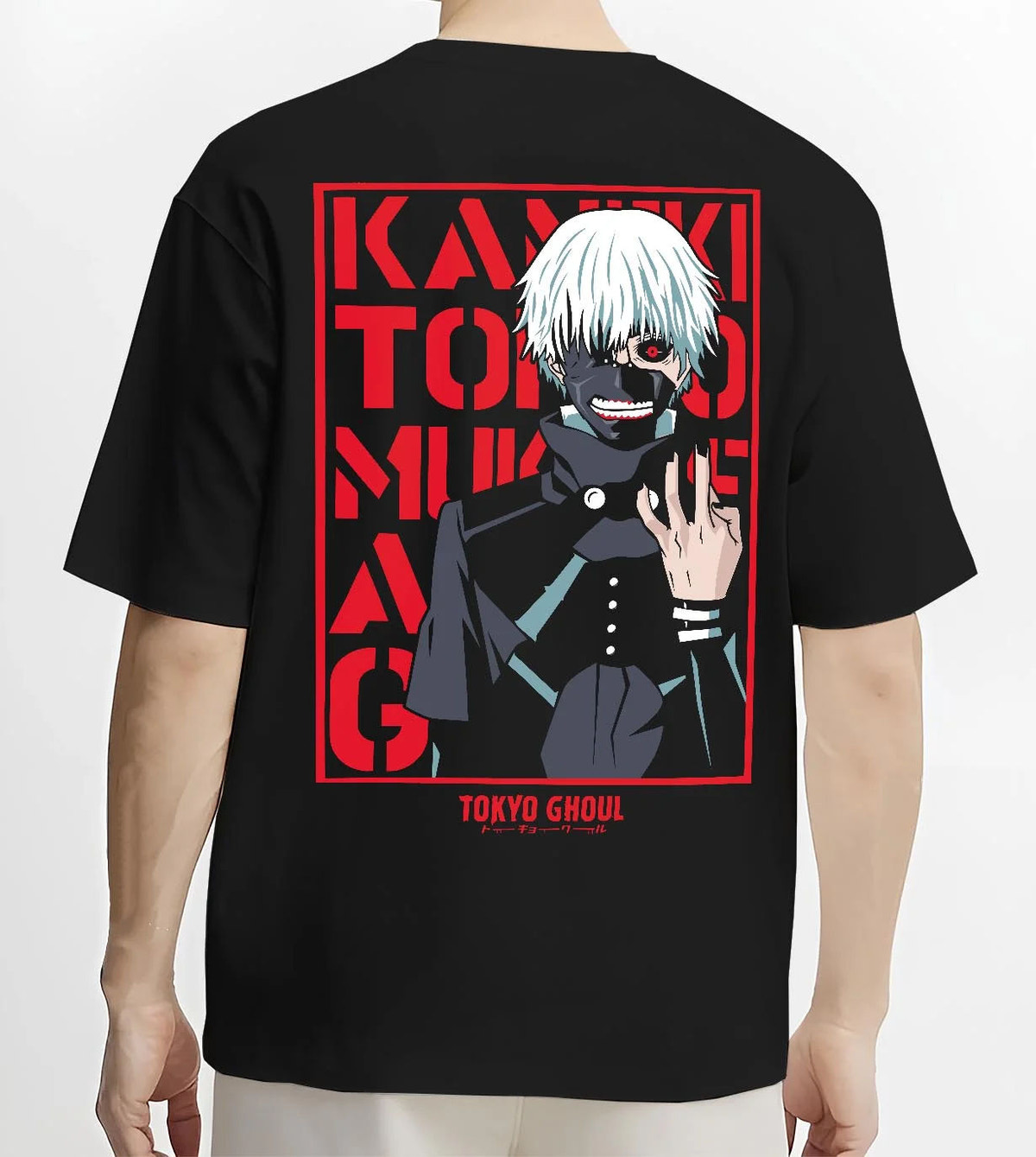 Black T-shirt worn by male model from the back featuring Ken Kaneki One-Eyed King Tokyo Ghoul artwork.