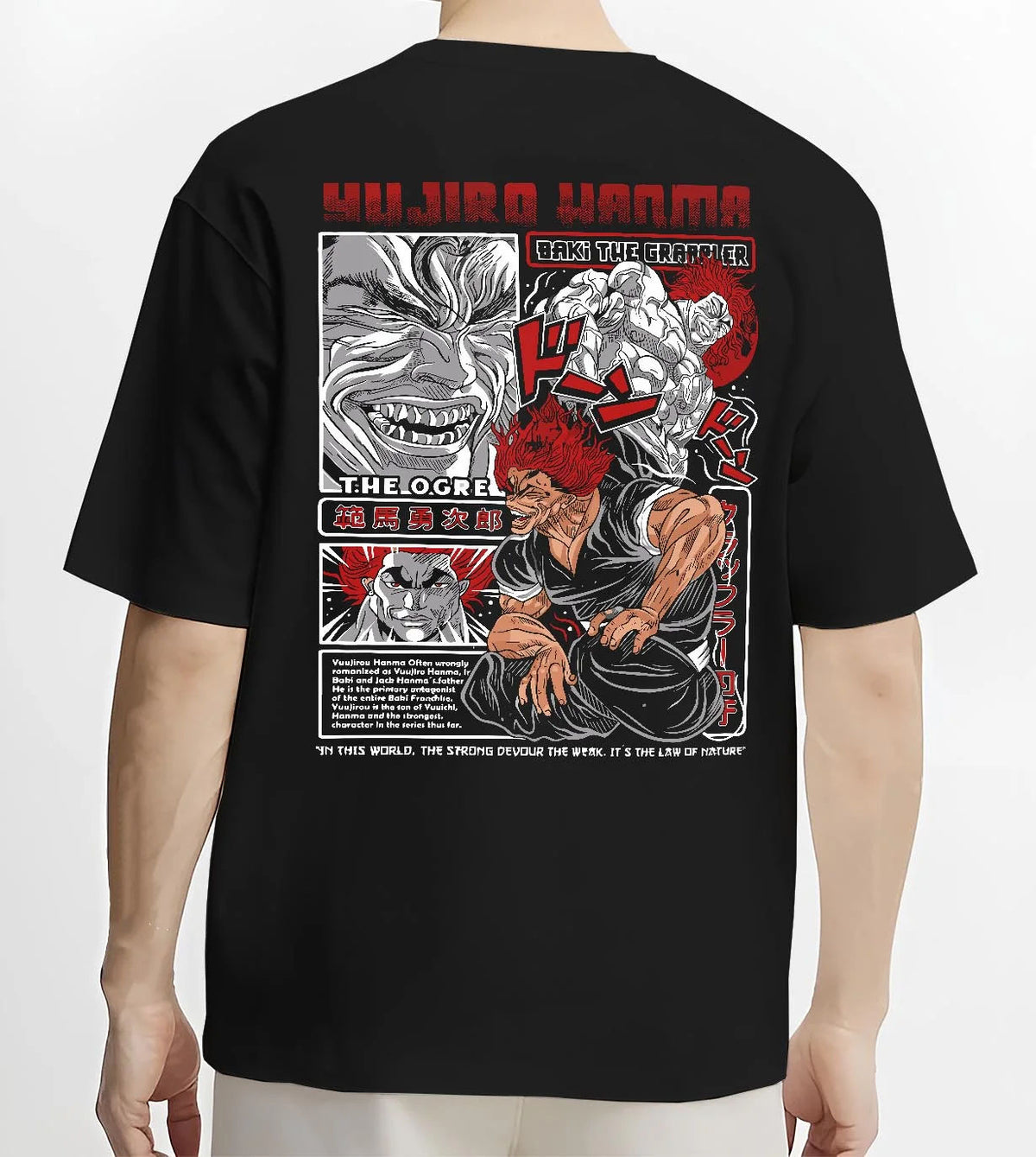 Black T-shirt worn by male model from the back featuring Yujiro Hanma The Ogre Baki artwork.