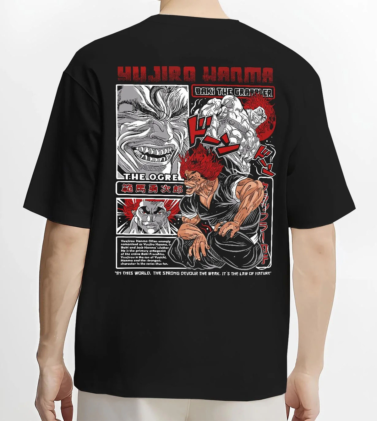 Black T-shirt worn by male model from the back featuring Yujiro Hanma The Ogre Baki artwork.