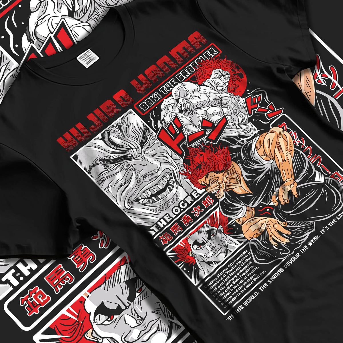 Black T-shirt laid flat with natural folds featuring Yujiro Hanma The Ogre Baki artwork.
