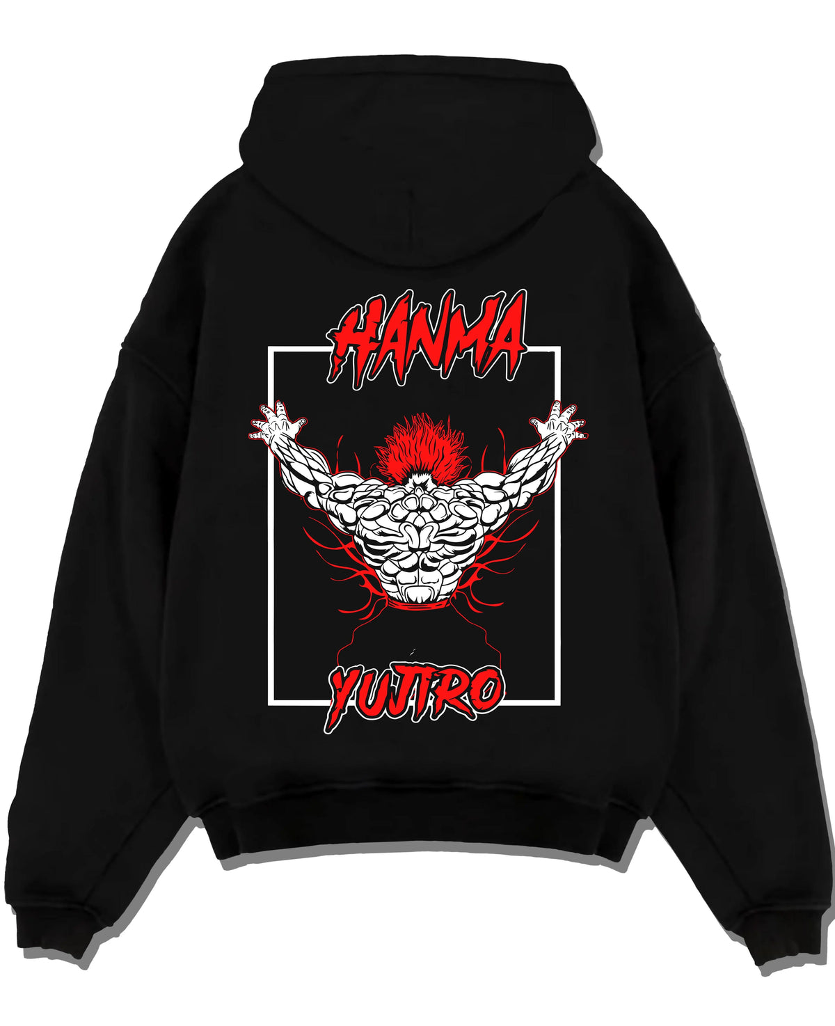 Black hoodie laid flat featuring Yujiro Hanma demon back Baki artwork.