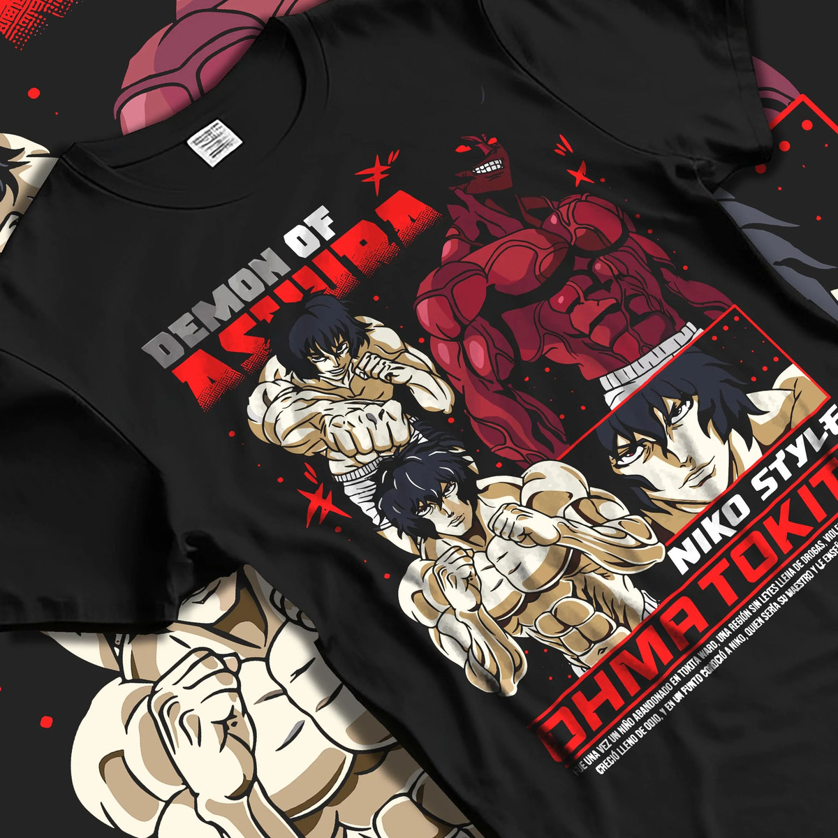Black T-shirt laid flat with natural folds featuring Ohma Tokita Niko Style Kengan Ashura artwork.