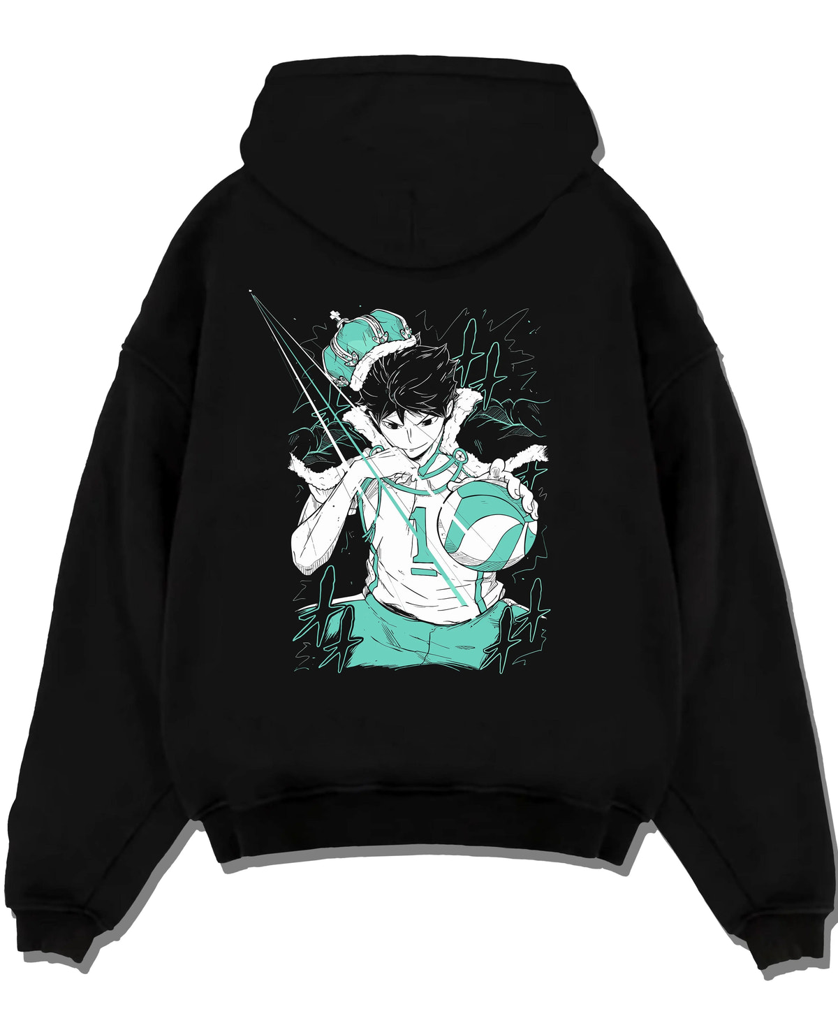 Black hoodie laid flat featuring Toru Oikawa setter volleyball king Haikyuu artwork.
