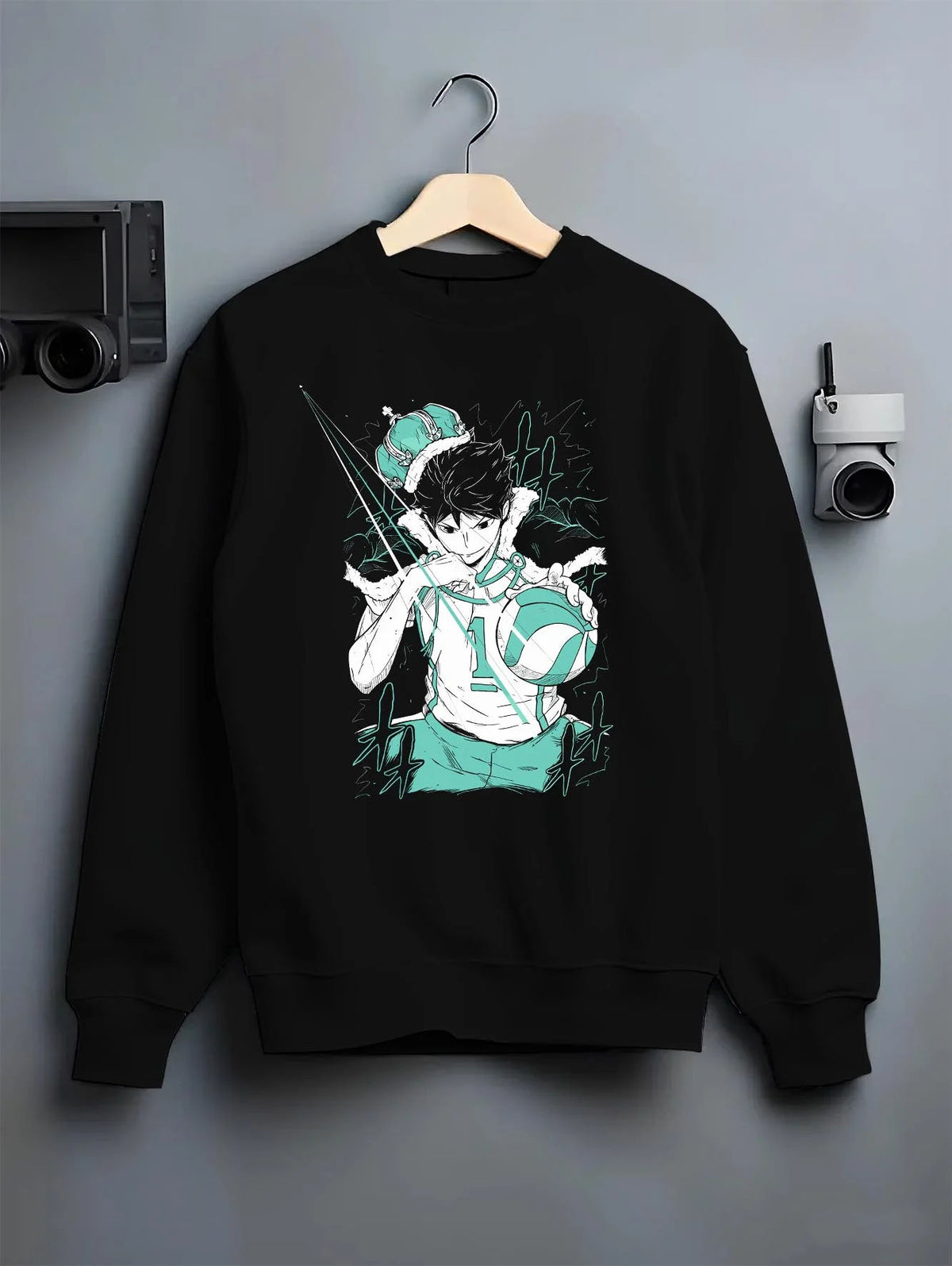 Black crewneck sweatshirt on hanger featuring Toru Oikawa setter volleyball king Haikyuu artwork.