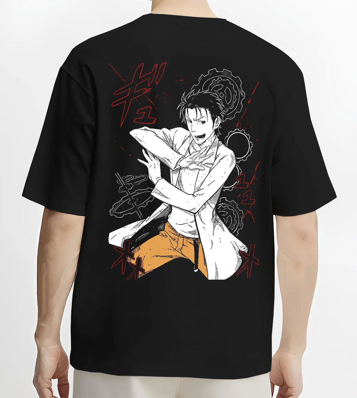 Black T-shirt model back view with Rintaro Okabe from Steins;Gate illustrated back graphic