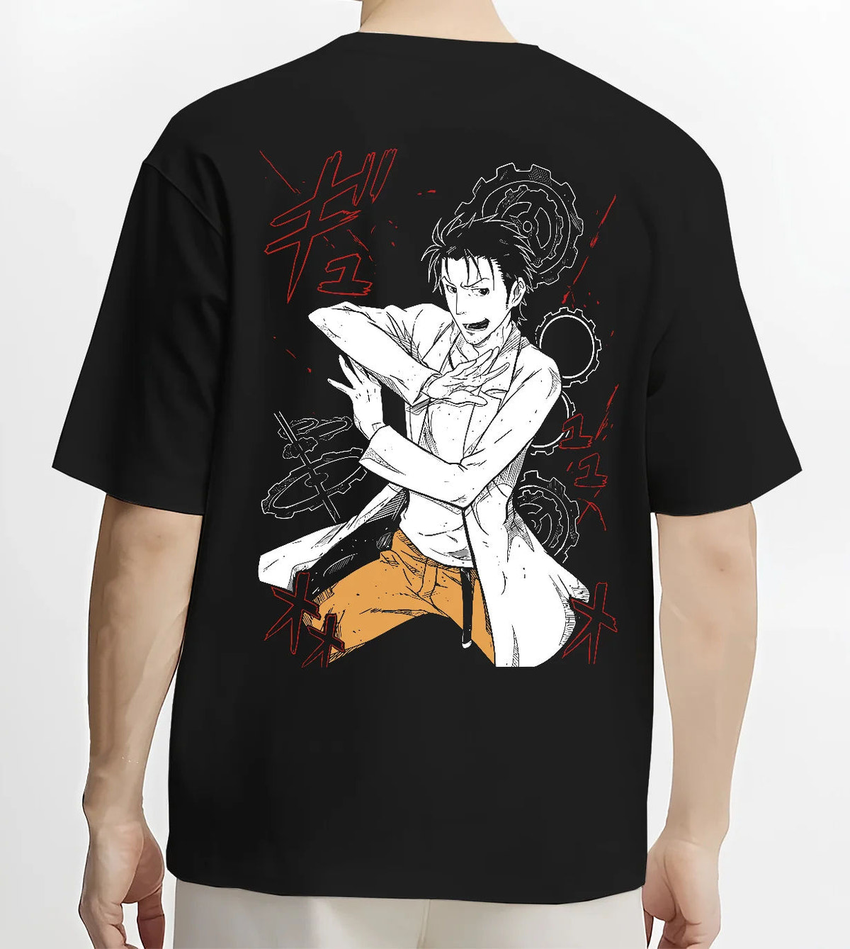 Black T-shirt model back view with Rintaro Okabe from Steins;Gate illustrated back graphic
