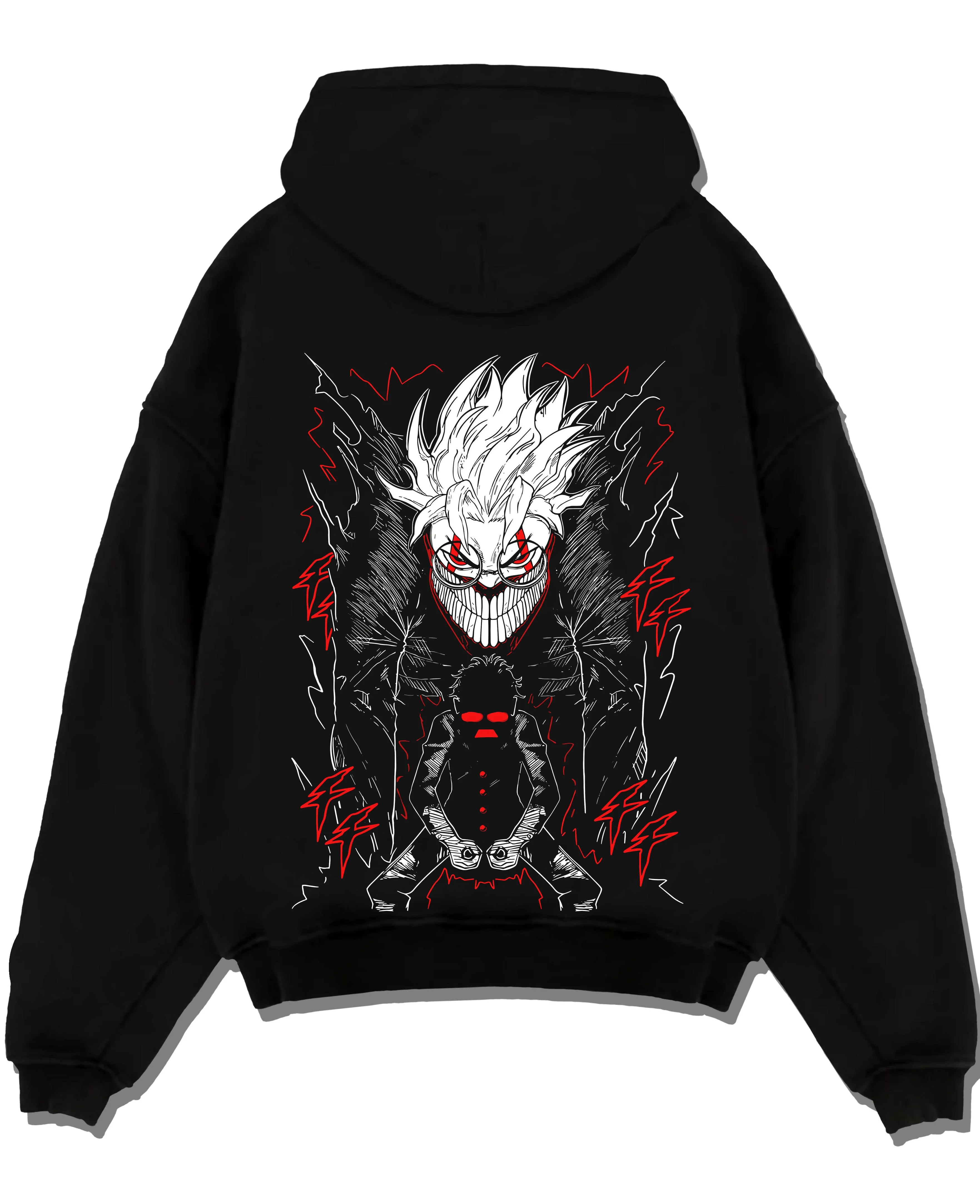 Black pullover hoodie laid flat with Okarun Hoodie Dandadan Alien Fighter Design graphic bold anime graphic.