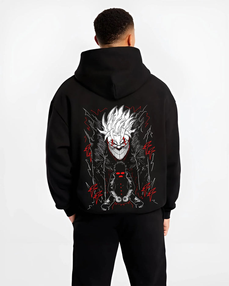 Black hoodie worn by male model, back view with Okarun Hoodie Dandadan Alien Fighter Design graphic streetwear graphic.