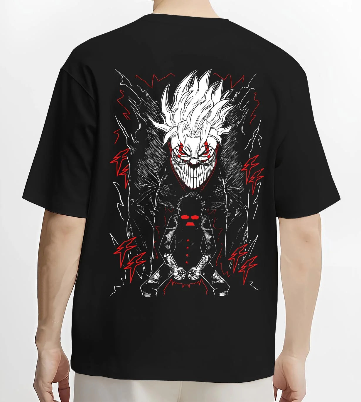 Black T-shirt worn by male model, back view with Okarun Hoodie Dandadan Alien Fighter Design graphic Okarun anime design.