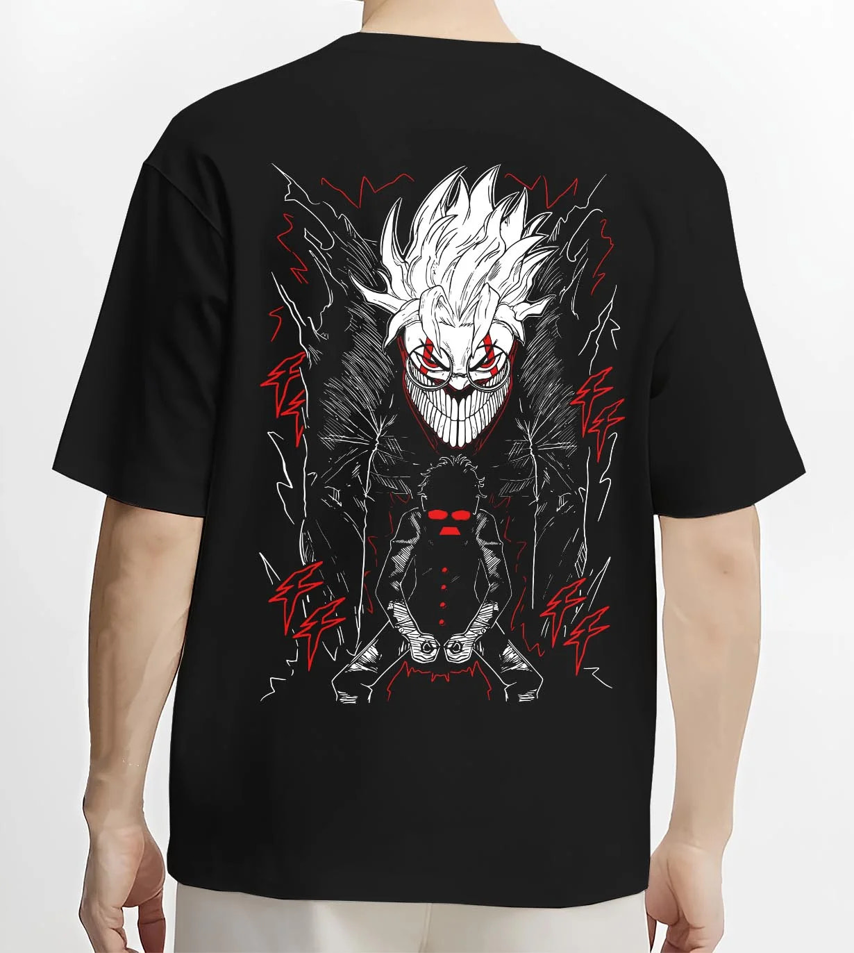 Black T-shirt worn by male model, back view with Okarun Hoodie Dandadan Alien Fighter Design graphic Okarun anime design.