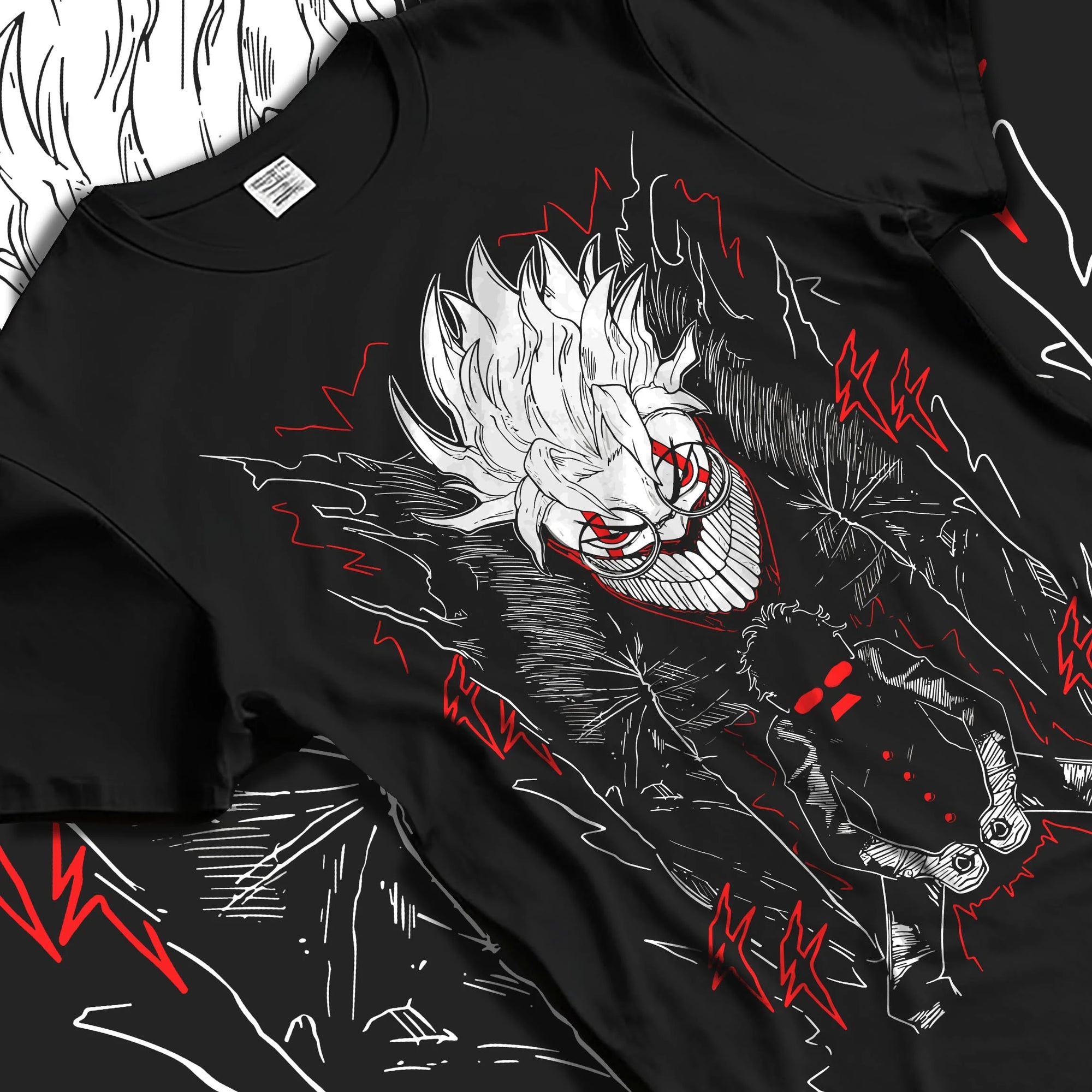 Black T-shirt laid flat with natural folds with Okarun Hoodie Dandadan Alien Fighter Design graphic premium wear.