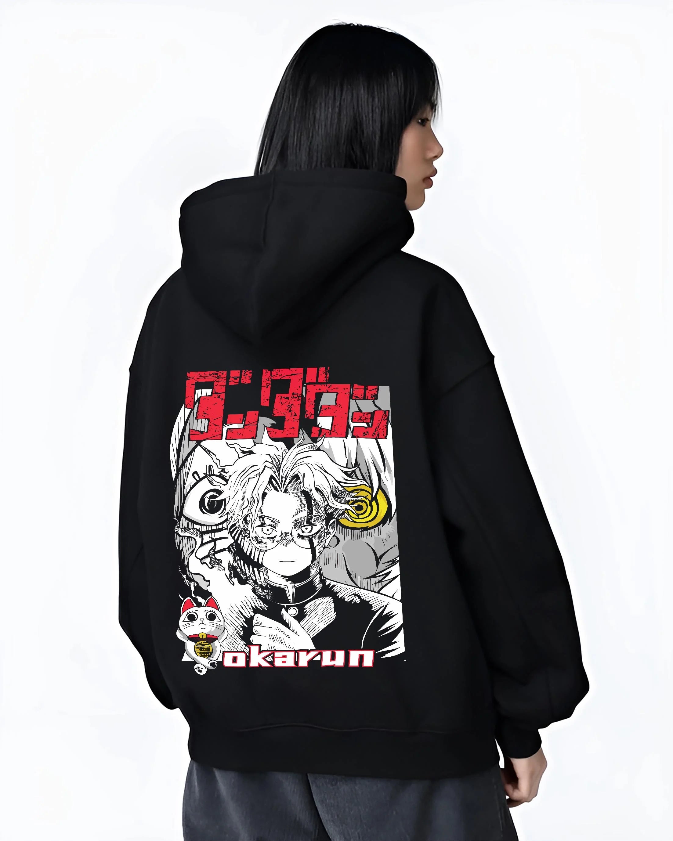 Black hoodie worn by female model, back view with Okarun Hoodie Dandadan Paranormal Occult Fighter graphic streetwear graphic.