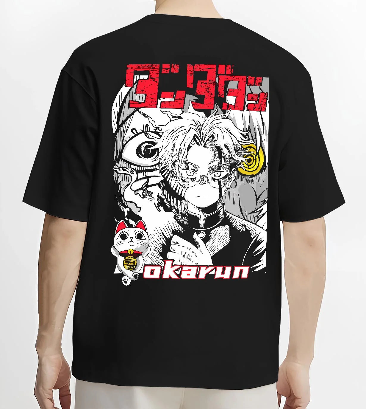 Black T-shirt worn by male model, back view with Okarun Hoodie Dandadan Paranormal Occult Fighter graphic Okarun anime design.