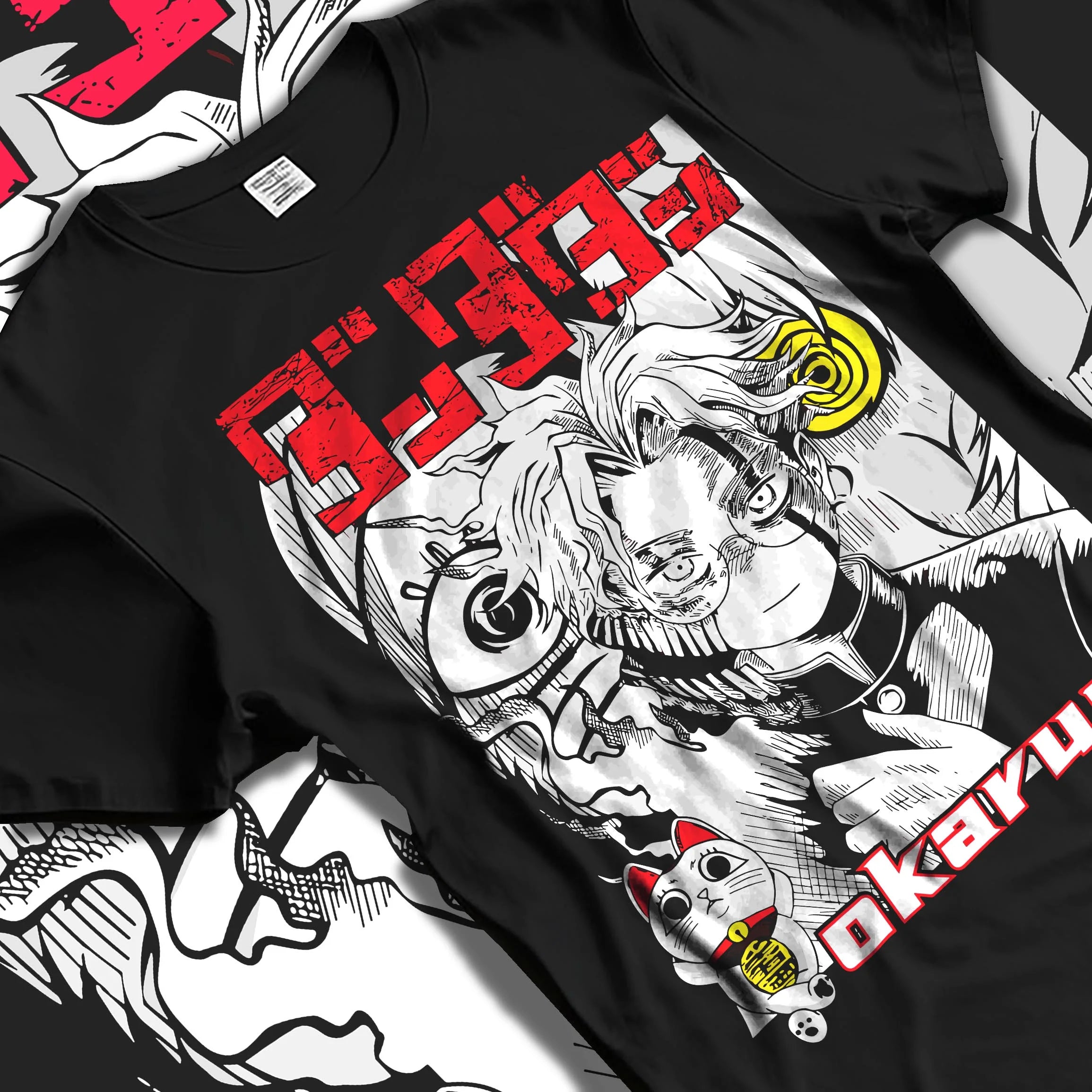 Black T-shirt laid flat with natural folds with Okarun Hoodie Dandadan Paranormal Occult Fighter graphic Okarun anime design.