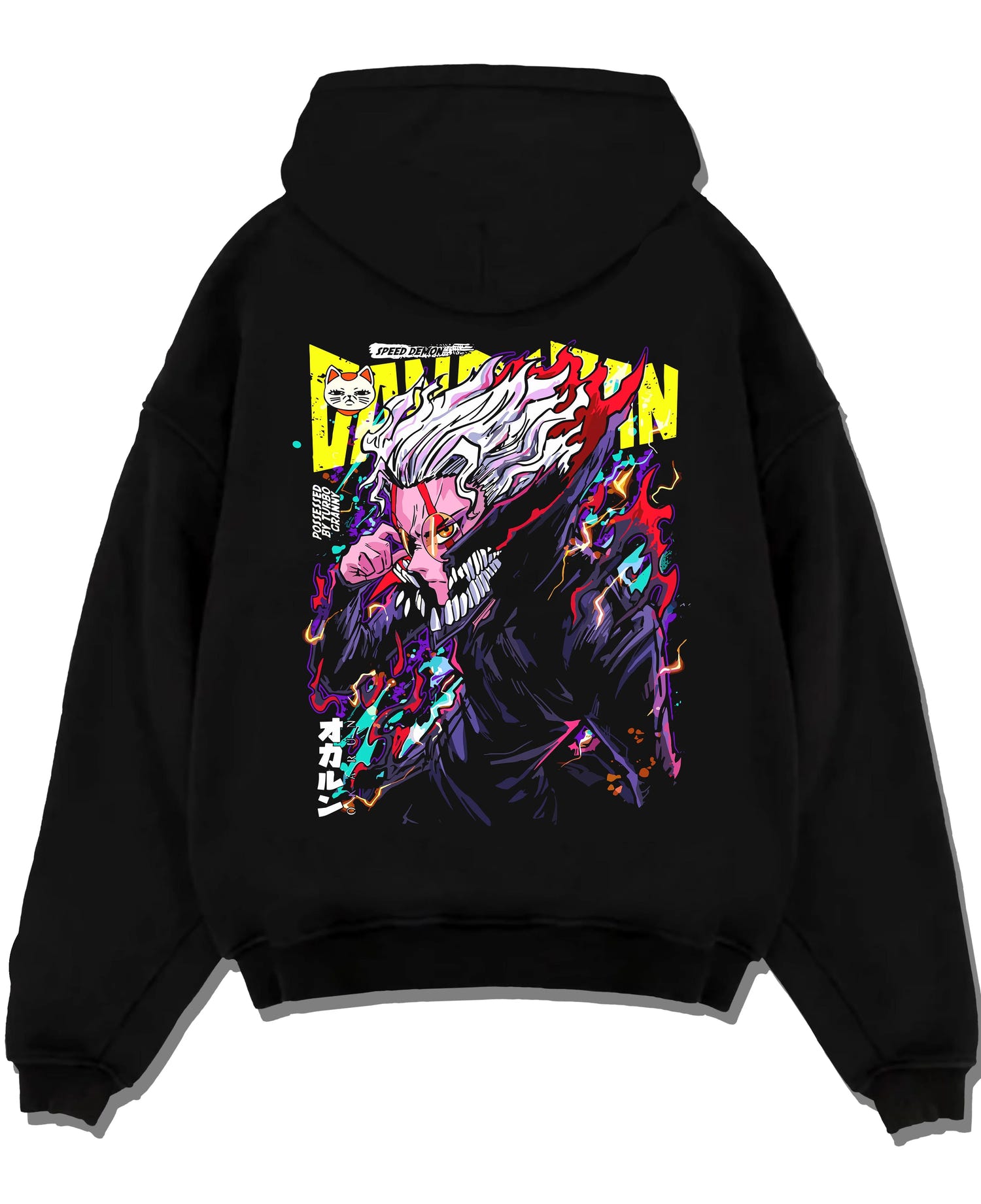 Black pullover hoodie laid flat with Turbo Granny Hoodie Dandadan Monster Spirit Fighter graphic premium wear.