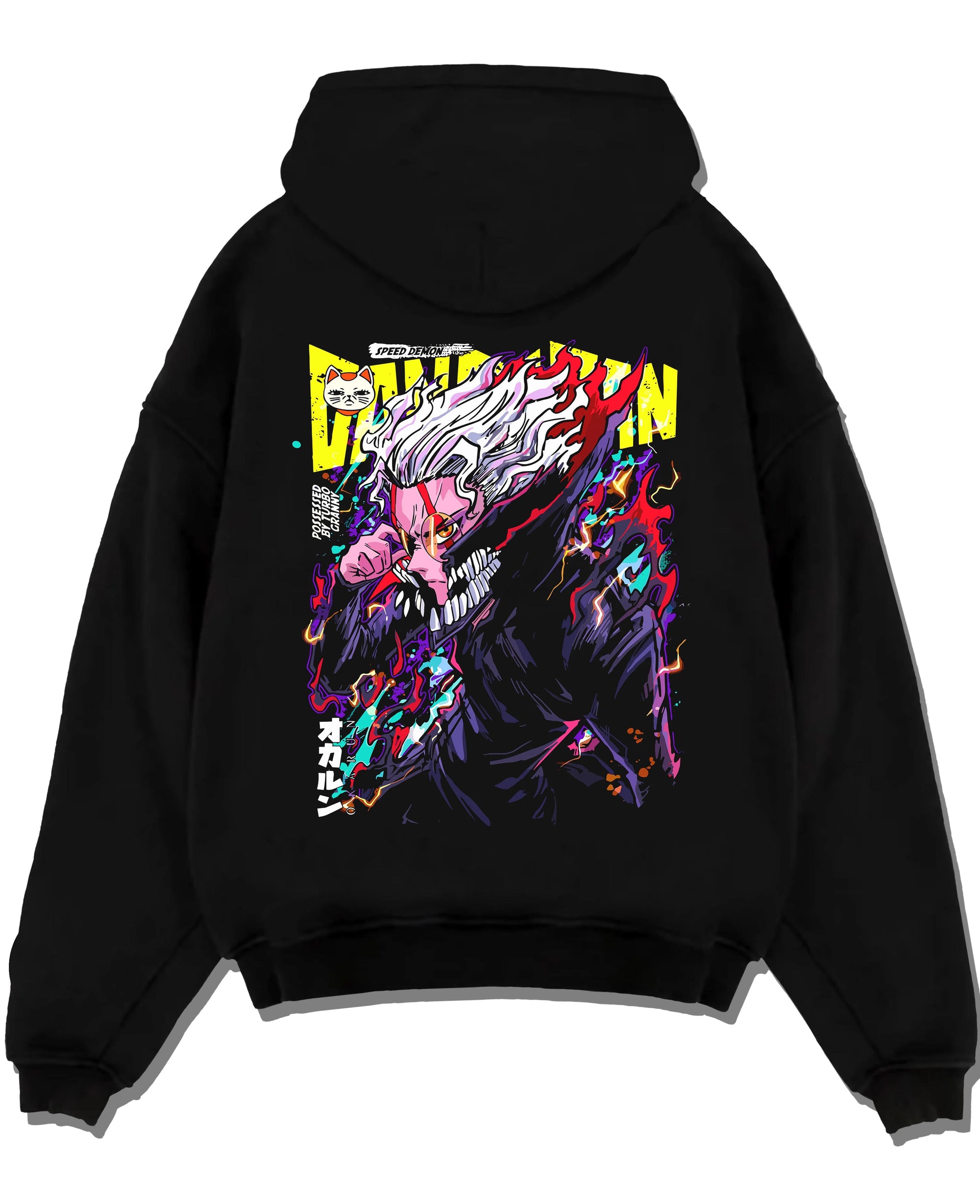 Black pullover hoodie laid flat with Turbo Granny Hoodie Dandadan Monster Spirit Fighter graphic premium wear.