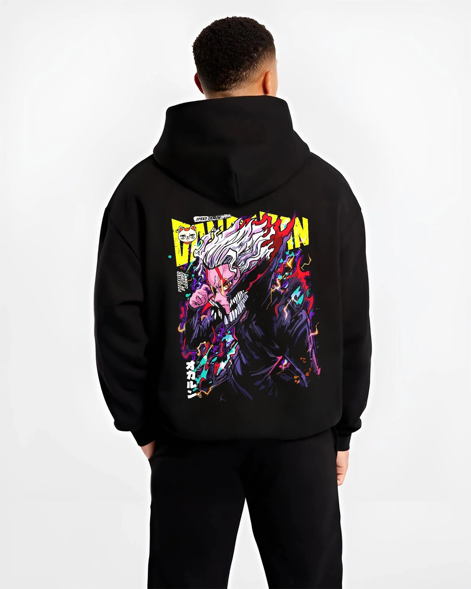 Black hoodie worn by male model, back view with Turbo Granny Hoodie Dandadan Monster Spirit Fighter graphic premium wear.