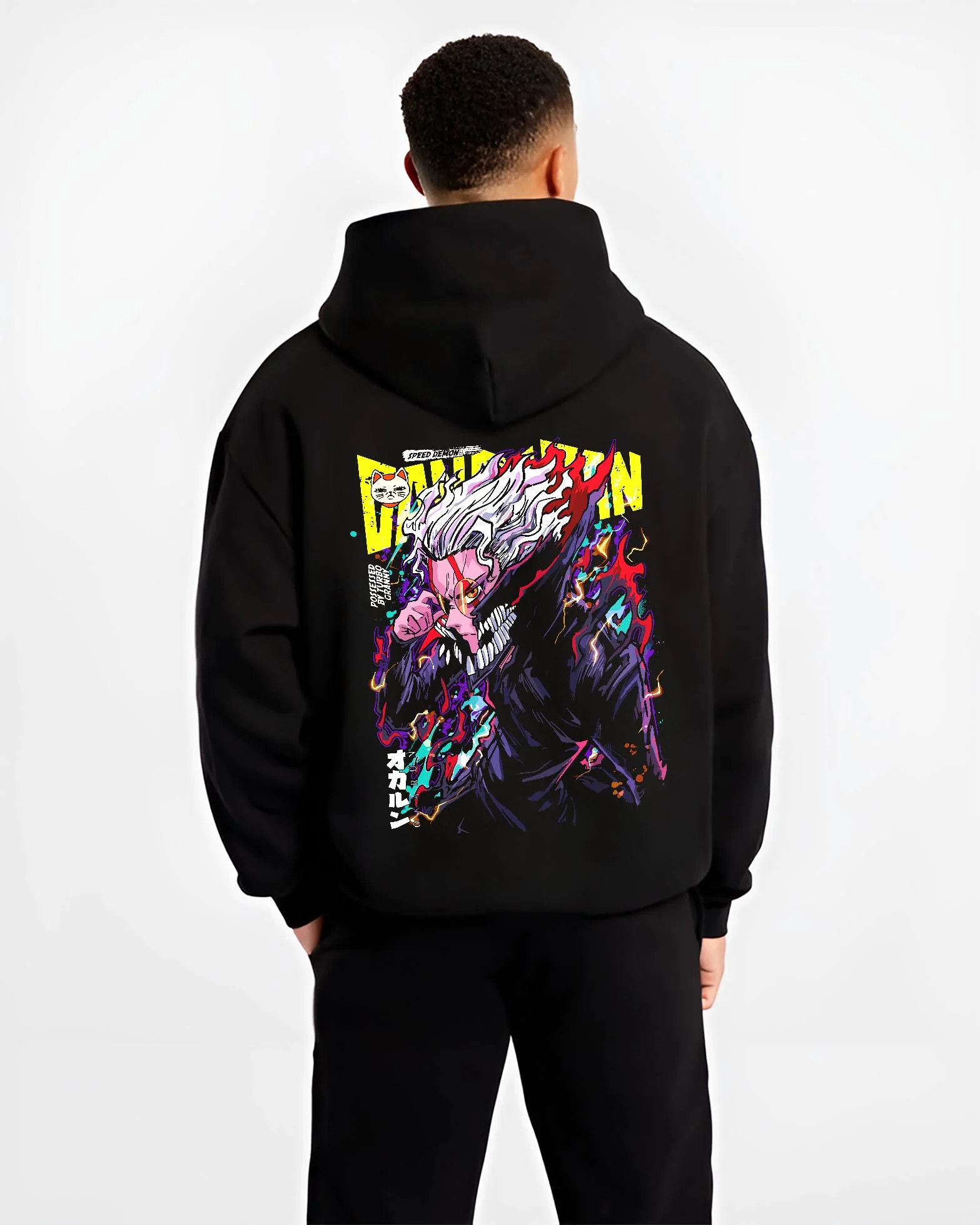 Black hoodie worn by male model, back view with Turbo Granny Hoodie Dandadan Monster Spirit Fighter graphic premium wear.