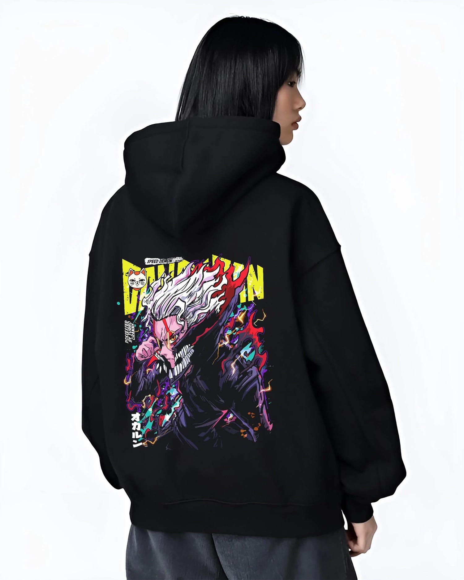 Black hoodie worn by female model, back view with Turbo Granny Hoodie Dandadan Monster Spirit Fighter graphic bold anime graphic.
