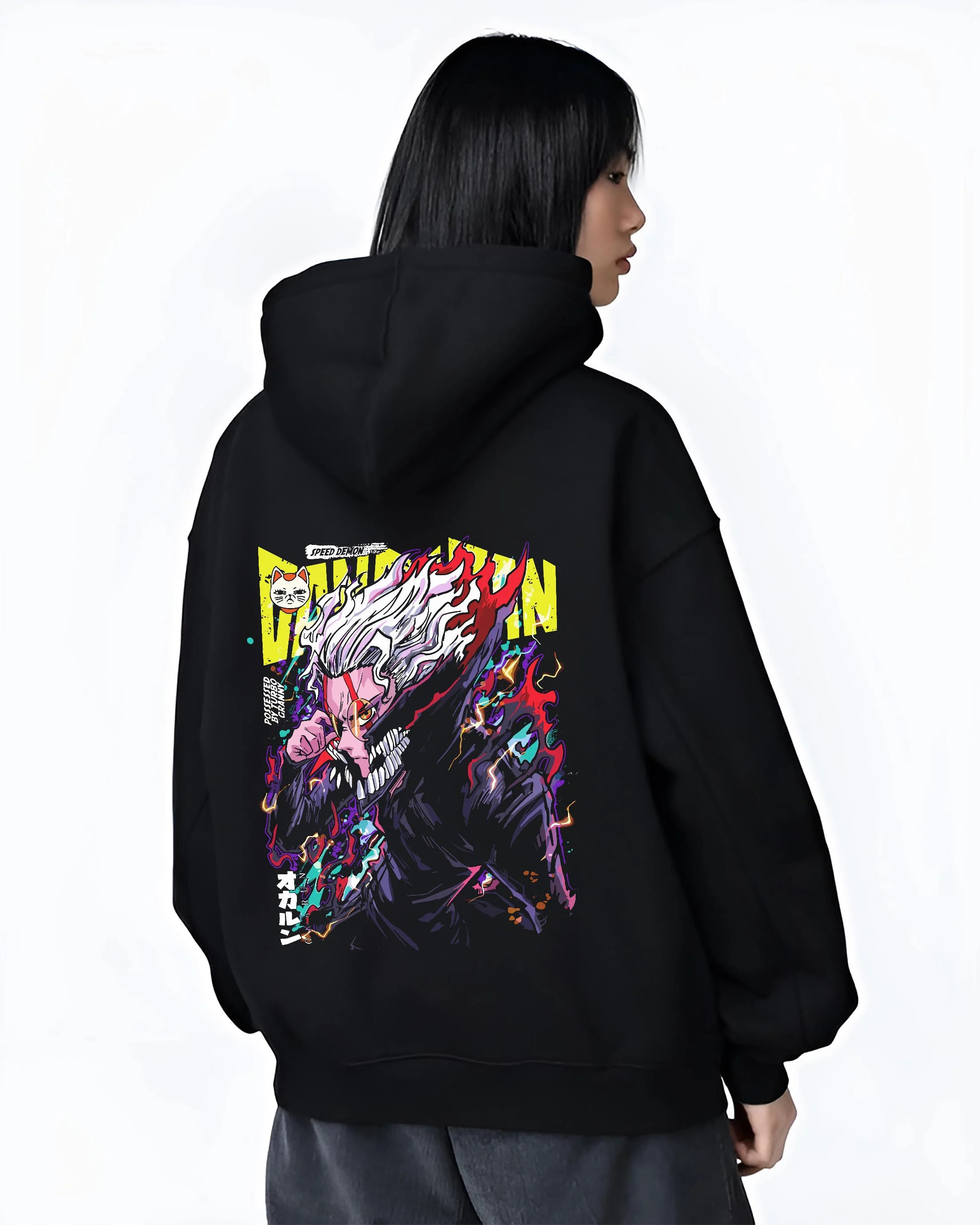 Black hoodie worn by female model, back view with Turbo Granny Hoodie Dandadan Monster Spirit Fighter graphic bold anime graphic.
