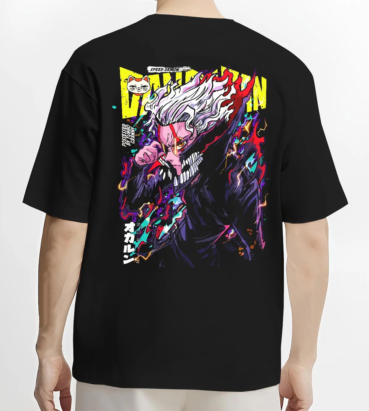 Black T-shirt worn by male model, back view with Turbo Granny Hoodie Dandadan Monster Spirit Fighter graphic streetwear graphic.