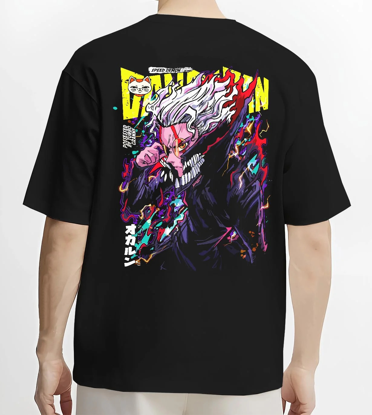 Black T-shirt worn by male model, back view with Turbo Granny Hoodie Dandadan Monster Spirit Fighter graphic streetwear graphic.