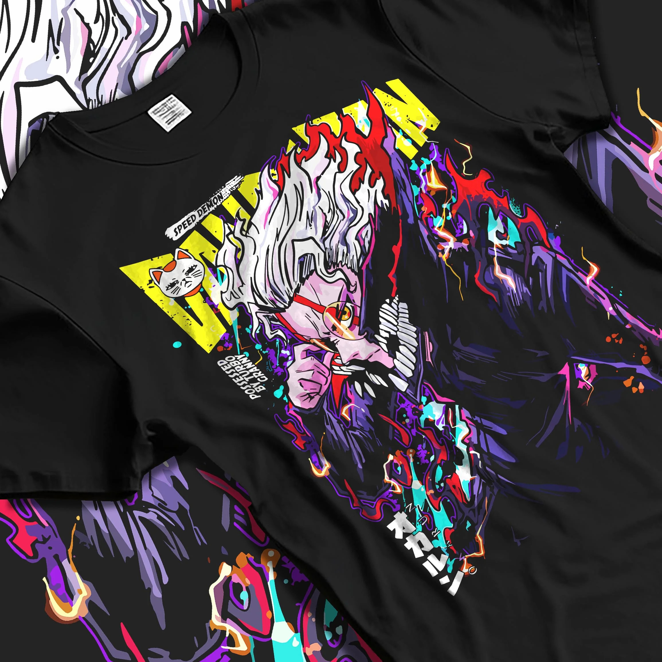 Black T-shirt laid flat with natural folds with Turbo Granny Hoodie Dandadan Monster Spirit Fighter graphic streetwear graphic.