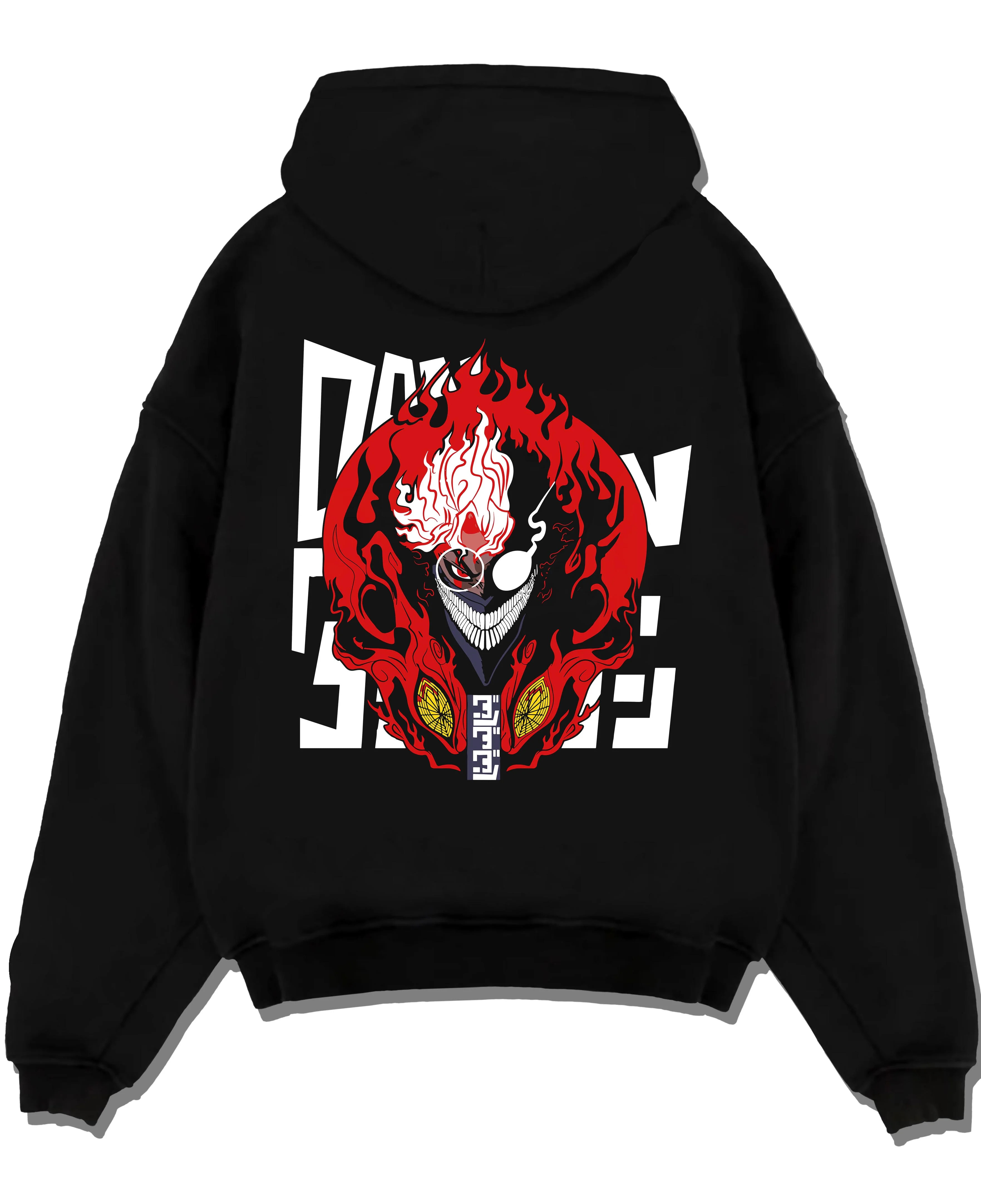 Black pullover hoodie laid flat with Ken Turbo Granny Mode Dandadan Hoodie Paranormal Fusion graphic streetwear graphic.