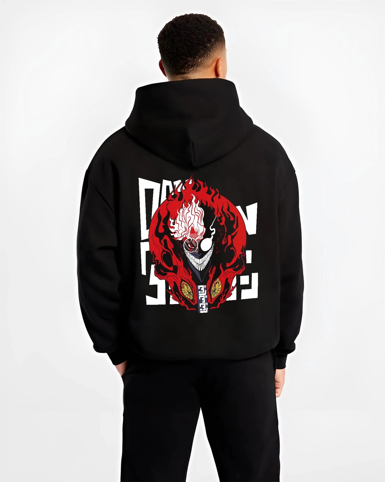 Black hoodie worn by male model, back view with Ken Turbo Granny Mode Dandadan Hoodie Paranormal Fusion graphic bold anime graphic.