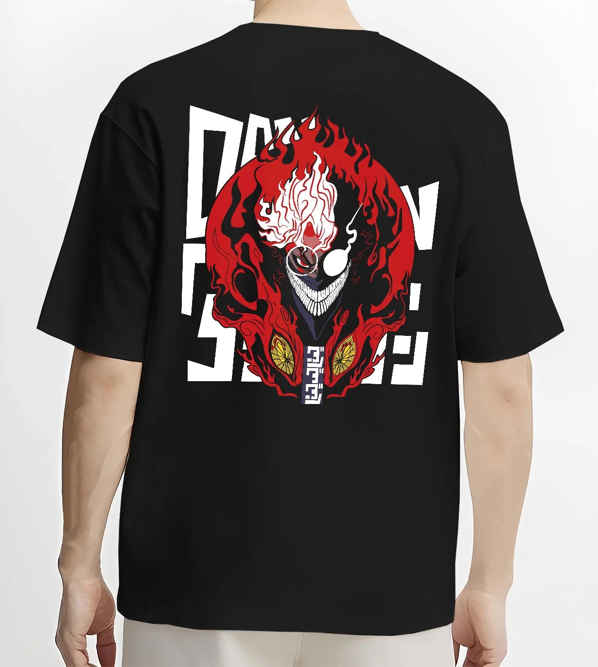 Black T-shirt worn by male model, back view with Ken Turbo Granny Mode Dandadan Hoodie Paranormal Fusion graphic bold anime graphic.